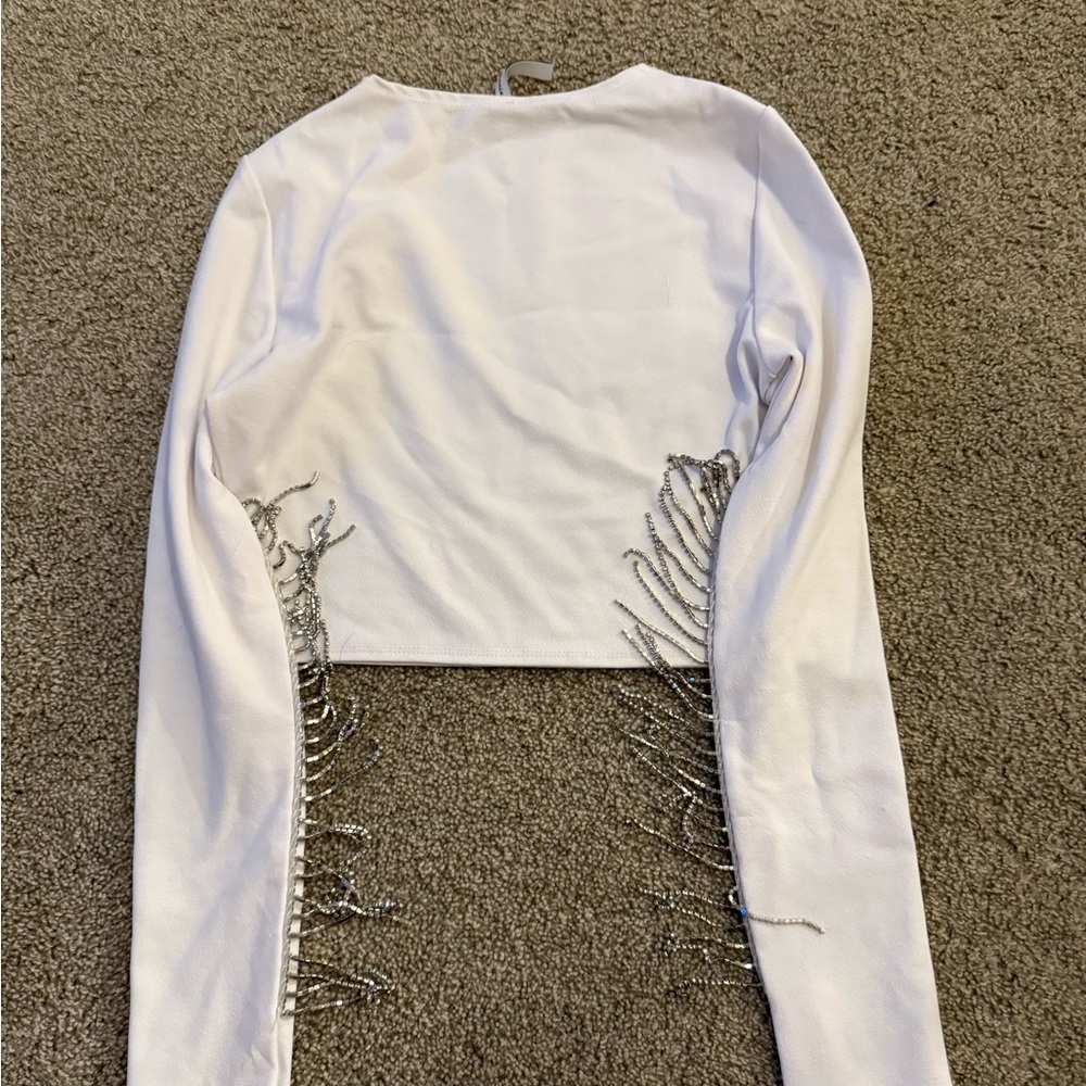 ASOS White Cropped Shirt with Silver Rhinestons Fringe on Sleeves